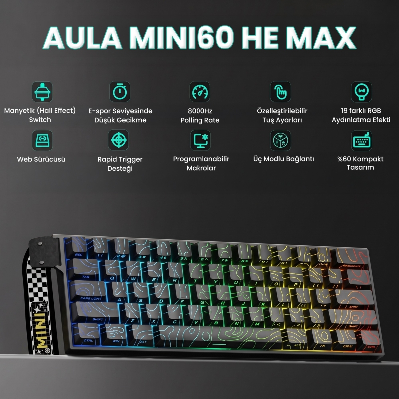 Aula Mini 60 He Max Hall Effect Manyetik Klavye Rapid Trigger Spiritcloud Switch 8000Hz RGB TKL Hot Swap Oyuncu Klavyesi Siyah - 2