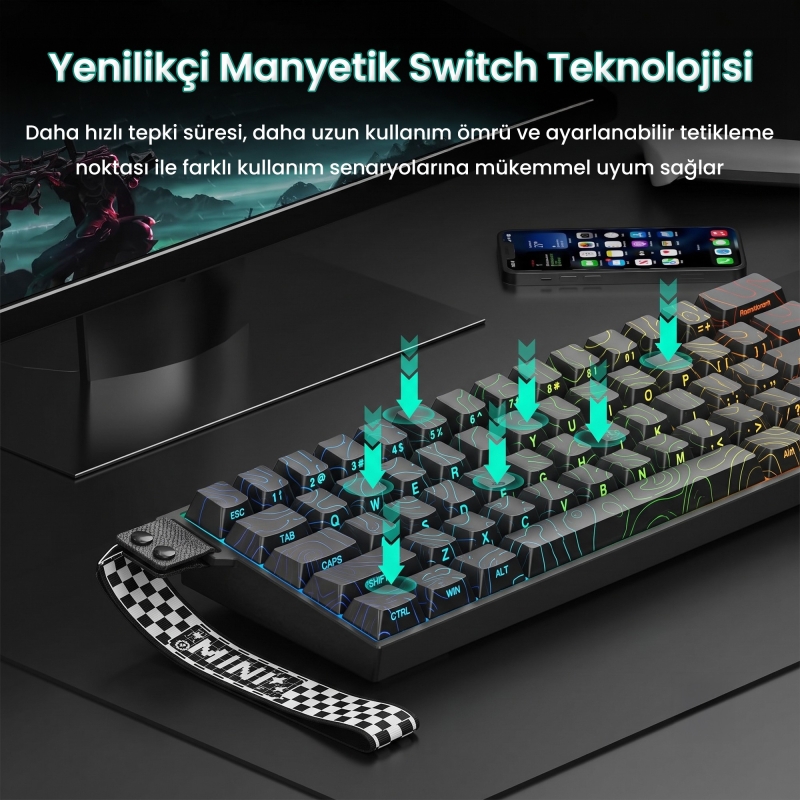 Aula Mini 60 He Max Hall Effect Manyetik Klavye Rapid Trigger Spiritcloud Switch 8000Hz RGB TKL Hot Swap Oyuncu Klavyesi Siyah - 4