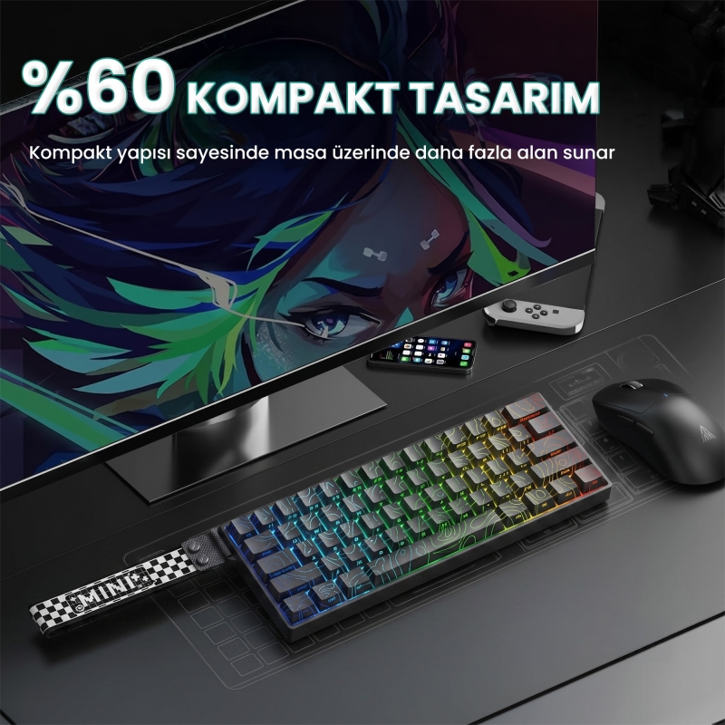 Aula Mini 60 He Max Hall Effect Manyetik Klavye Rapid Trigger Spiritcloud Switch 8000Hz RGB TKL Hot Swap Oyuncu Klavyesi Siyah - 7