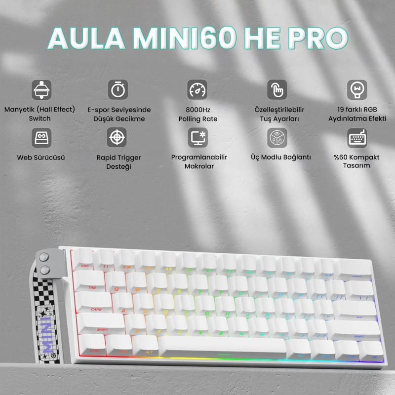 Aula Mini 60 He Pro Hall Effect Manyetik Klavye Rapid Trigger Mistcloud Switch 8000Hz RGB TKL Hot Swap Oyuncu Klavyesi Beyaz - 2