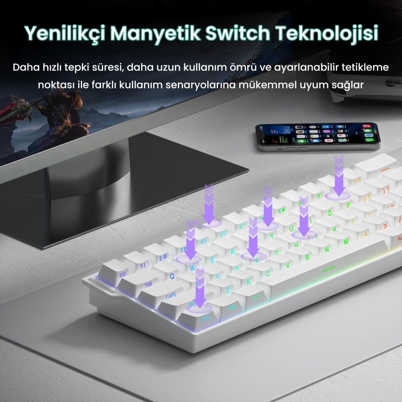 Aula Mini 60 He Pro Hall Effect Manyetik Klavye Rapid Trigger Mistcloud Switch 8000Hz RGB TKL Hot Swap Oyuncu Klavyesi Beyaz - 4