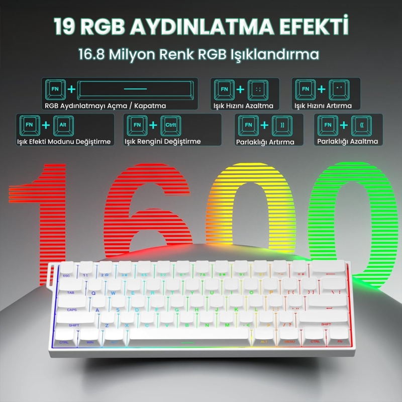 Aula Mini 60 He Pro Hall Effect Manyetik Klavye Rapid Trigger Mistcloud Switch 8000Hz RGB TKL Hot Swap Oyuncu Klavyesi Beyaz - 5