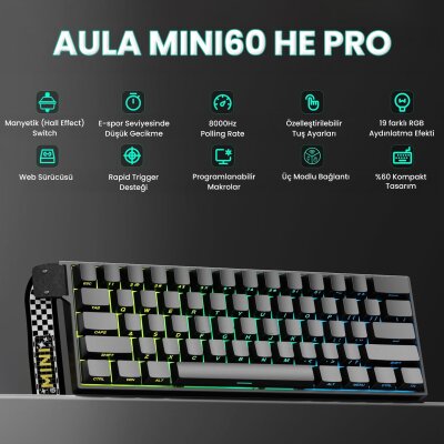Aula Mini 60 He Pro Hall Effect Manyetik Klavye Rapid Trigger Stromrise Switch 8000Hz RGB TKL Hot Swap Oyuncu Klavyesi Siyah - 2