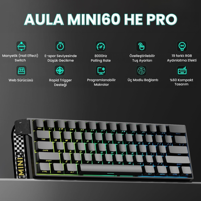 Aula Mini 60 He Pro Hall Effect Manyetik Klavye Rapid Trigger Stromrise Switch 8000Hz RGB TKL Hot Swap Oyuncu Klavyesi Siyah - 2