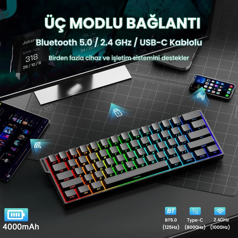 Aula Mini 60 He Pro Hall Effect Manyetik Klavye Rapid Trigger Stromrise Switch 8000Hz RGB TKL Hot Swap Oyuncu Klavyesi Siyah - 3