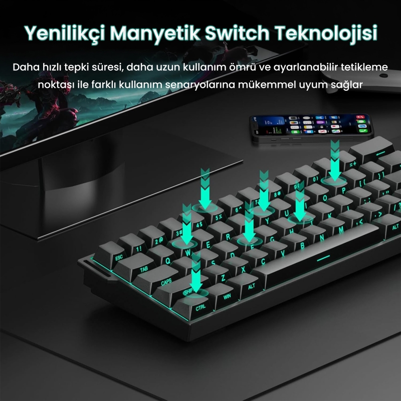 Aula Mini 60 He Pro Hall Effect Manyetik Klavye Rapid Trigger Stromrise Switch 8000Hz RGB TKL Hot Swap Oyuncu Klavyesi Siyah - 4
