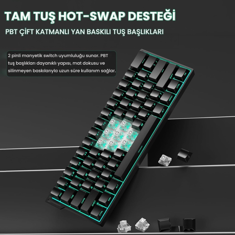 Aula Mini 60 He Pro Hall Effect Manyetik Klavye Rapid Trigger Stromrise Switch 8000Hz RGB TKL Hot Swap Oyuncu Klavyesi Siyah - 6