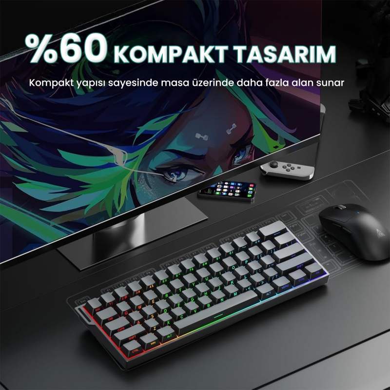 Aula Mini 60 He Pro Hall Effect Manyetik Klavye Rapid Trigger Stromrise Switch 8000Hz RGB TKL Hot Swap Oyuncu Klavyesi Siyah - 7