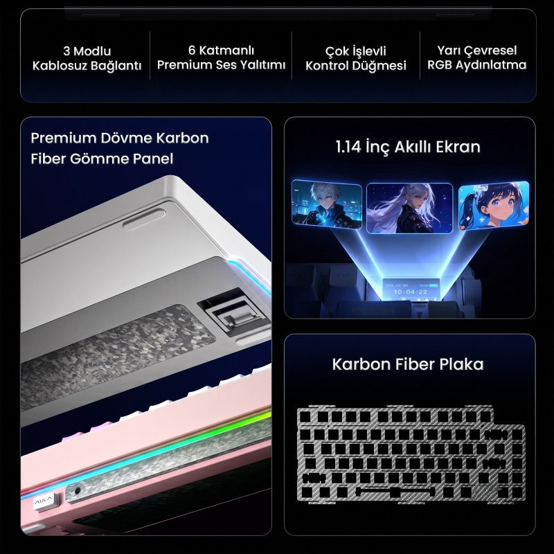 Aula Nova75 Mekanik RGB Klavye TKL Meteor Ice Cream Switch Tri Mode Kablosuz Makrolu Hot Swap Gaming Oyuncu Klavyesi Kırmızı - 2