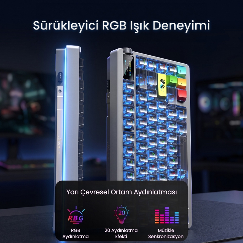 Aula Nova75 Mekanik RGB Klavye TKL Meteor Ice Cream Switch Tri Mode Kablosuz Makrolu Hot Swap Gaming Oyuncu Klavyesi Kırmızı - 6