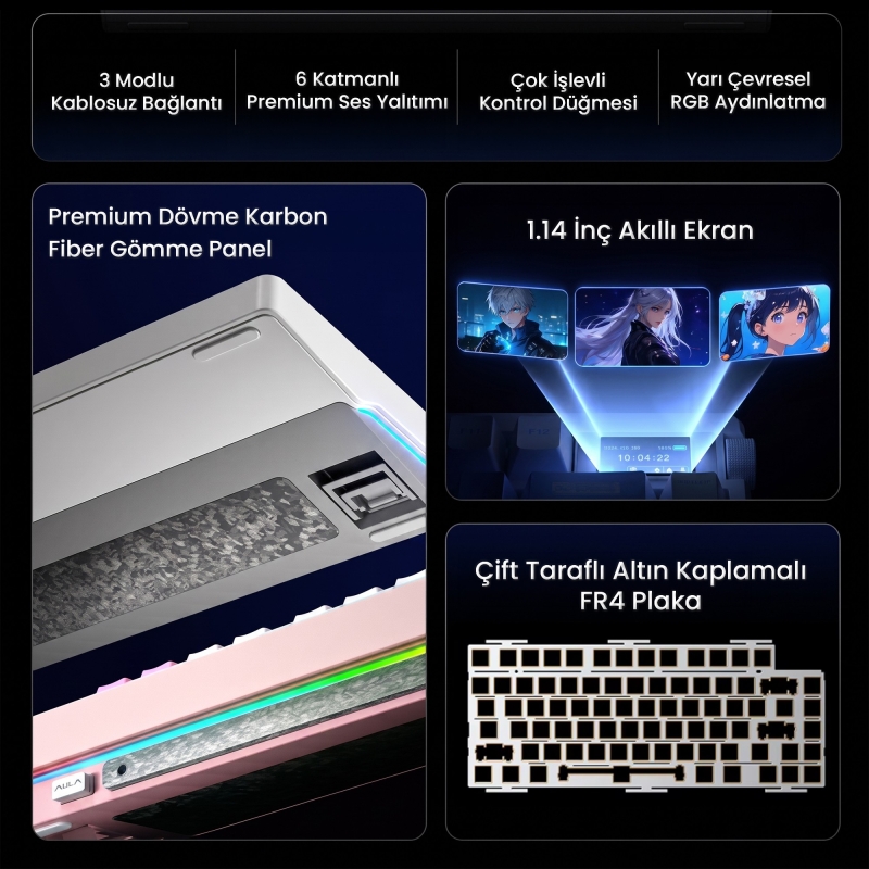 Aula Nova75 Mekanik RGB Klavye TKL Strawberry Mint Switch Tri Mode Kablosuz Makrolu Hot Swap Gaming Oyuncu Klavyesi Gradyan Pembe - 2