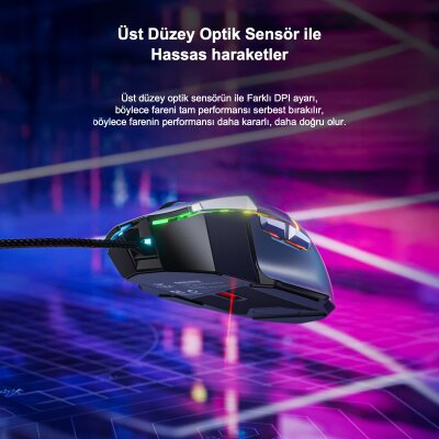 Aula S12 Pro 12800 DPI 8 Tuşlu Makrolu Kablolu Optik Gaming Oyuncu Mouse Siyah - 5