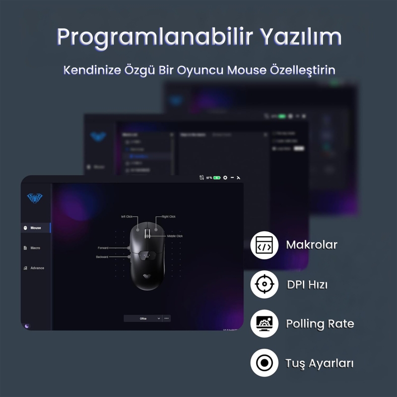 Aula SC390 PAW3311 Sensör 20000 DPI 1000Hz Kablolu ve Kablosuz Gaming Oyuncu Mouse Siyah - 8