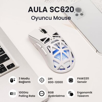 Aula SC620 PAW3311 Sensör 12000 DPI 1000Hz Kablolu ve Kablosuz Gaming Oyuncu Mouse Beyaz - 2