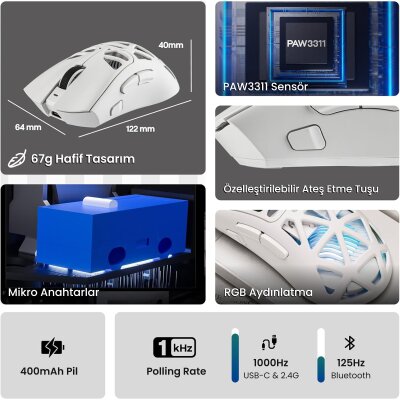 Aula SC620 PAW3311 Sensör 12000 DPI 1000Hz Kablolu ve Kablosuz Gaming Oyuncu Mouse Beyaz - 3