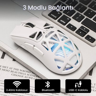 Aula SC620 PAW3311 Sensör 12000 DPI 1000Hz Kablolu ve Kablosuz Gaming Oyuncu Mouse Beyaz - 4