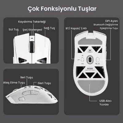 Aula SC620 PAW3311 Sensör 12000 DPI 1000Hz Kablolu ve Kablosuz Gaming Oyuncu Mouse Beyaz - 6