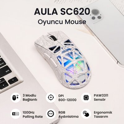 Aula SC620 PAW3311 Sensör 12000 DPI 1000Hz Kablolu ve Kablosuz Gaming Oyuncu Mouse Desenli Beyaz - 2