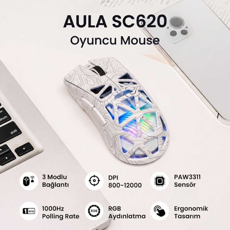 Aula SC620 PAW3311 Sensör 12000 DPI 1000Hz Kablolu ve Kablosuz Gaming Oyuncu Mouse Desenli Beyaz - 2