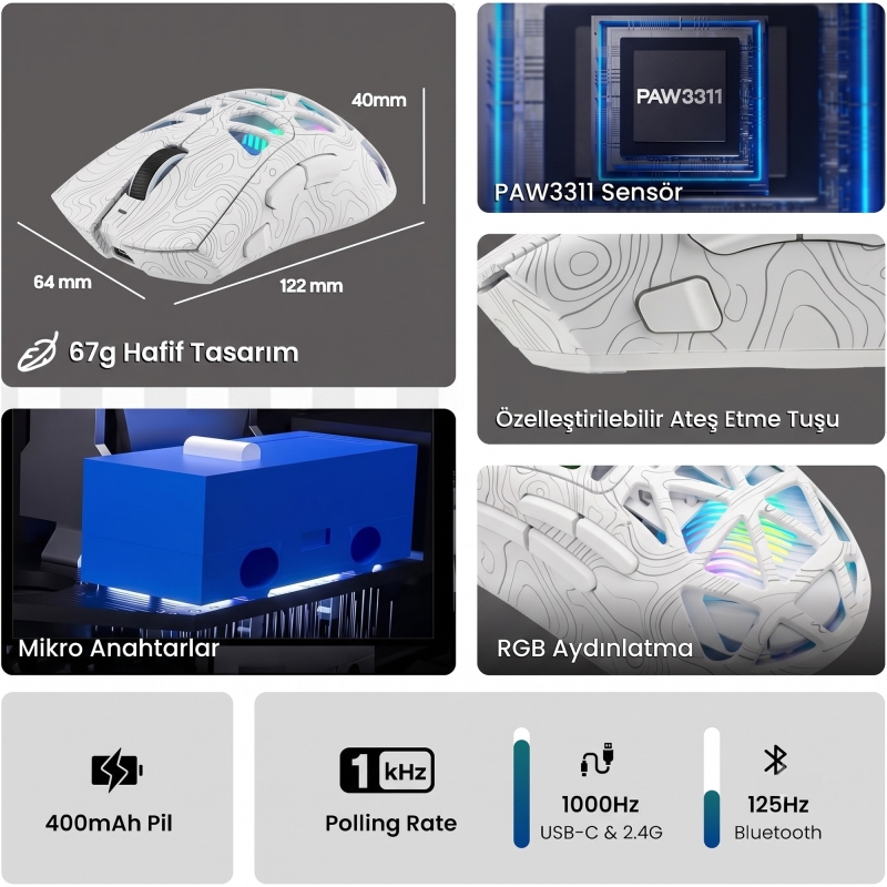 Aula SC620 PAW3311 Sensör 12000 DPI 1000Hz Kablolu ve Kablosuz Gaming Oyuncu Mouse Desenli Beyaz - 3