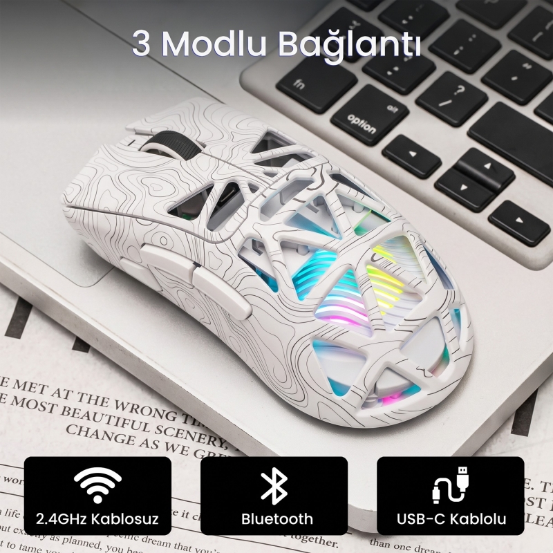 Aula SC620 PAW3311 Sensör 12000 DPI 1000Hz Kablolu ve Kablosuz Gaming Oyuncu Mouse Desenli Beyaz - 4