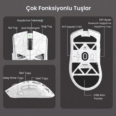 Aula SC620 PAW3311 Sensör 12000 DPI 1000Hz Kablolu ve Kablosuz Gaming Oyuncu Mouse Desenli Beyaz - 6