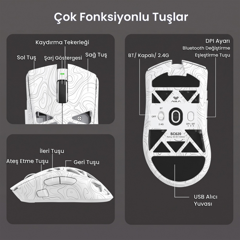 Aula SC620 PAW3311 Sensör 12000 DPI 1000Hz Kablolu ve Kablosuz Gaming Oyuncu Mouse Desenli Beyaz - 6