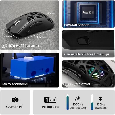 Aula SC620 PAW3311 Sensör 12000 DPI 1000Hz Kablolu ve Kablosuz Gaming Oyuncu Mouse Siyah - 3