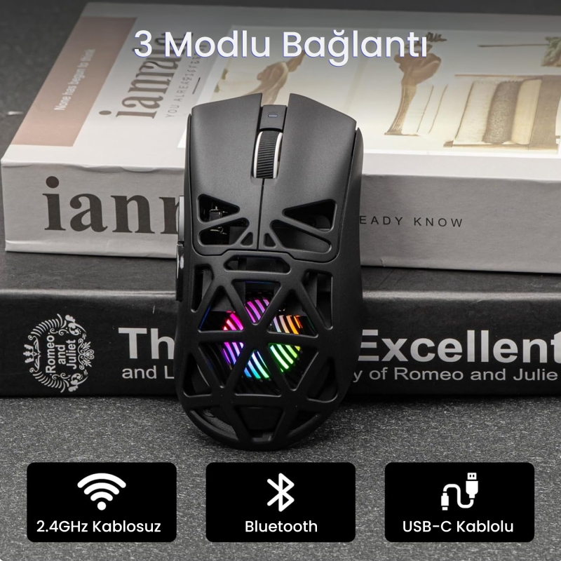 Aula SC620 PAW3311 Sensör 12000 DPI 1000Hz Kablolu ve Kablosuz Gaming Oyuncu Mouse Siyah - 4