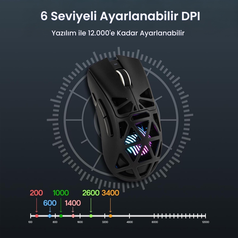 Aula SC620 PAW3311 Sensör 12000 DPI 1000Hz Kablolu ve Kablosuz Gaming Oyuncu Mouse Siyah - 5