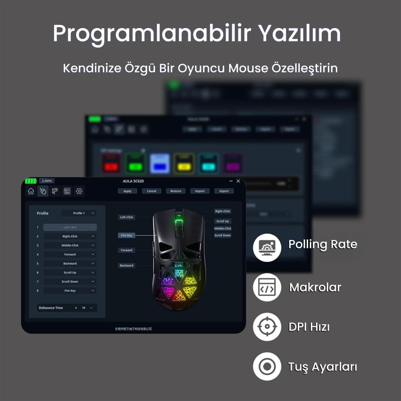 Aula SC620 PAW3311 Sensör 12000 DPI 1000Hz Kablolu ve Kablosuz Gaming Oyuncu Mouse Siyah - 7