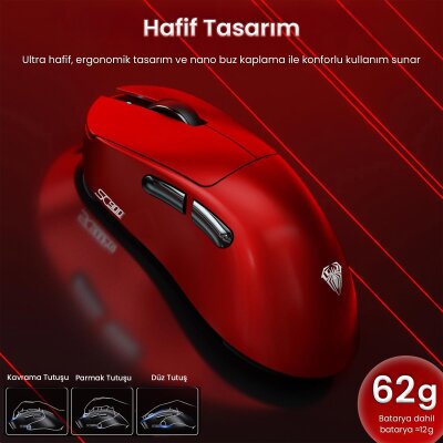 Aula SC900 Max PAW3950 Sensör 30000 DPI 8000Hz Kablolu ve Kablosuz Gaming Oyuncu Mouse Kırmızı - 7