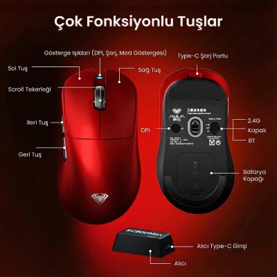 Aula SC900 Max PAW3950 Sensör 30000 DPI 8000Hz Kablolu ve Kablosuz Gaming Oyuncu Mouse Kırmızı - 8