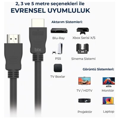 Bix 4K@60Hz 18 Gbps Veri Aktarım Destekli Yüksek Hızlı HDMI 2.0 & Ethernet Kablosu 2 Metre - 5