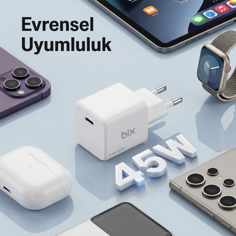 Bix BX1P46G 45W GaN Kompakt Şarj Aleti Type-C PPS/AVS Destekli Hızlı Şarj Cihazı Beyaz - 5