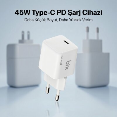 Bix BX1P46G GaN 45W Kompakt Şarj Aleti Type-C PPS/AVS Destekli Hızlı Şarj Cihazı ve 1.2 Metre Type-C Kablo - 2