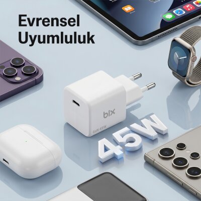 Bix BX1P46G GaN 45W Kompakt Şarj Aleti Type-C PPS/AVS Destekli Hızlı Şarj Cihazı ve 1.2 Metre Type-C Kablo - 5