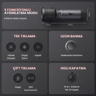 Bix BX2139FL 2000 Lümen 60W Led El Feneri Teleskopik Zoom Metal Gövdeli Şarj Edilebilir 1000 Metre Uzun Menzilli Flashlight - 8