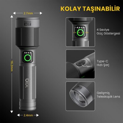 Bix BX5141FL 1450 Lümen 30W Led El Feneri Teleskopik Zoom Sos Modlu Metal Gövdeli Şarj Edilebilir Uzun Menzilli Flashlight - 2
