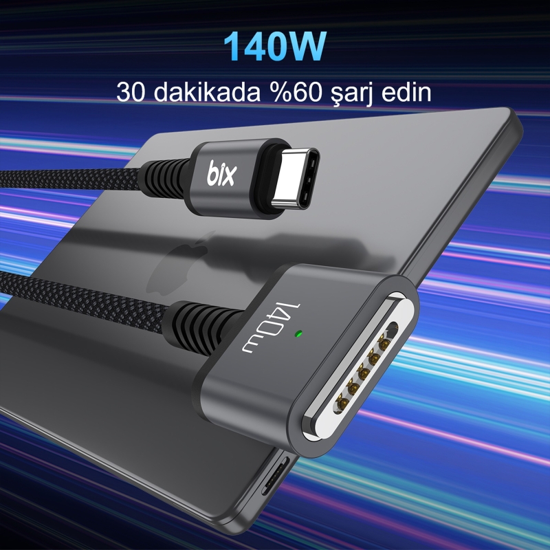 Bix BXM3C 140W Type-C Magsafe 3 Macbook Pro 13″ 14″ 16″ M1 M2 M3 M4 M5 Uyumlu Manyetik Örgülü Şarj Kablosu 2 Metre - 2