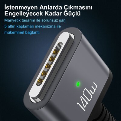 Bix BXM3C 140W Type-C Magsafe 3 Macbook Pro 13″ 14″ 16″ M1 M2 M3 M4 M5 Uyumlu Manyetik Örgülü Şarj Kablosu 2 Metre - 3