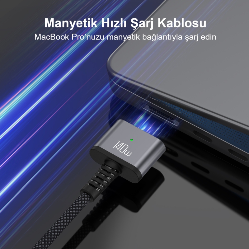 Bix BXM3C 140W Type-C Magsafe 3 Macbook Pro 13″ 14″ 16″ M1 M2 M3 M4 M5 Uyumlu Manyetik Örgülü Şarj Kablosu 2 Metre - 4