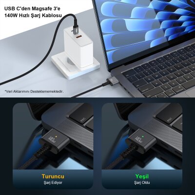 Bix BXM3C 140W Type-C Magsafe 3 Macbook Pro 13″ 14″ 16″ M1 M2 M3 M4 M5 Uyumlu Manyetik Örgülü Şarj Kablosu 2 Metre - 6
