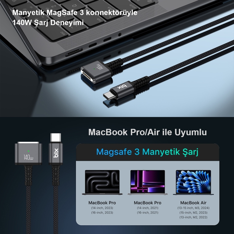 Bix BXM3C 140W Type-C Magsafe 3 Macbook Pro 13″ 14″ 16″ M1 M2 M3 M4 M5 Uyumlu Manyetik Örgülü Şarj Kablosu 2 Metre - 7