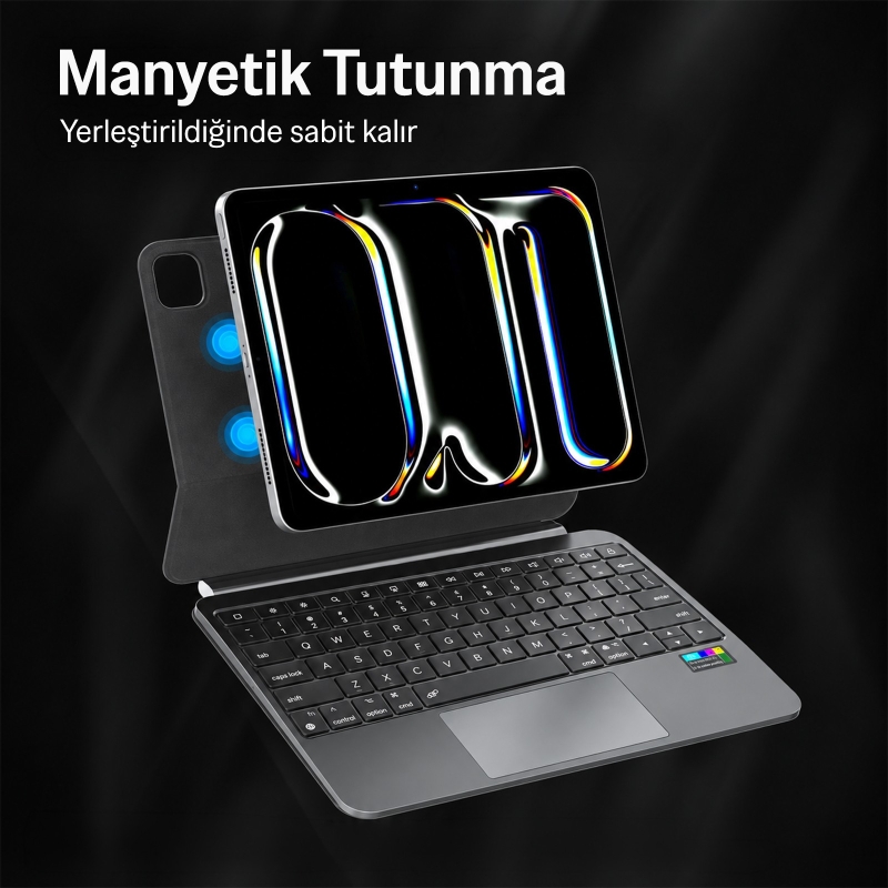 Bix IK01 İpad Air İpad Pro İçin Manyetik Türkçe Q Bluetooth Klavyeli Kılıf 7 Renk Aydınlatmalı Çoklu Dokunmatik Touchpad Siyah - 4