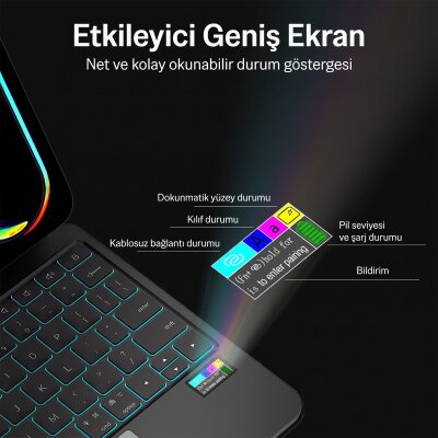 Bix IK01 İpad Air İpad Pro İçin Manyetik Türkçe Q Bluetooth Klavyeli Kılıf 7 Renk Aydınlatmalı Çoklu Dokunmatik Touchpad Siyah - 5