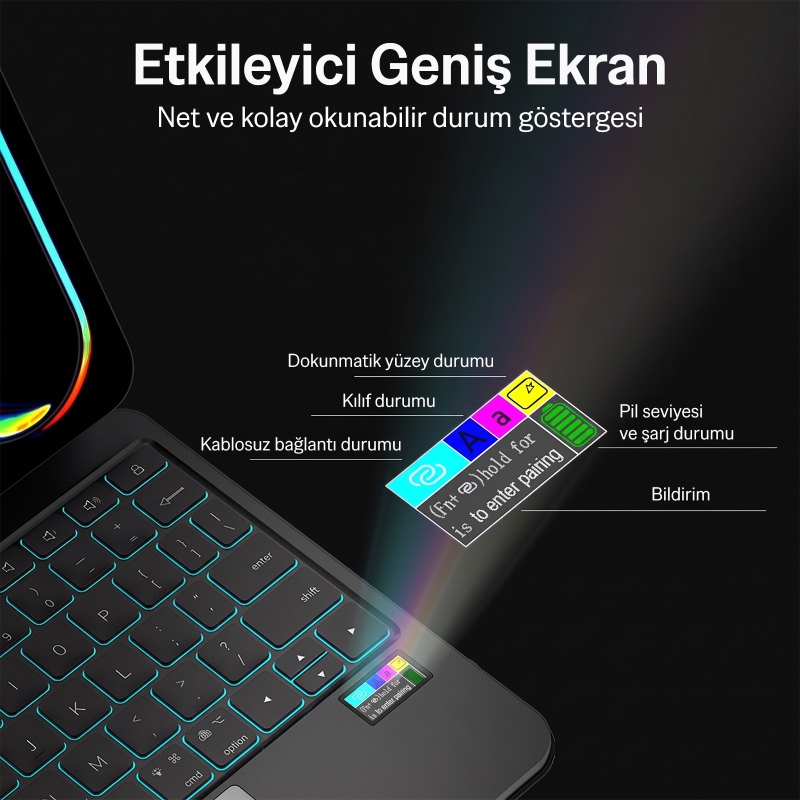 Bix IK01 İpad Air İpad Pro İçin Manyetik Türkçe Q Bluetooth Klavyeli Kılıf 7 Renk Aydınlatmalı Çoklu Dokunmatik Touchpad Siyah - 5