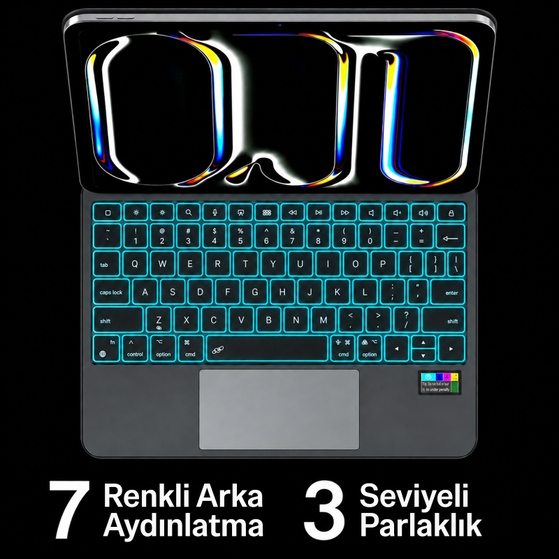 Bix IK01 İpad Air İpad Pro İçin Manyetik Türkçe Q Bluetooth Klavyeli Kılıf 7 Renk Aydınlatmalı Çoklu Dokunmatik Touchpad Siyah - 8
