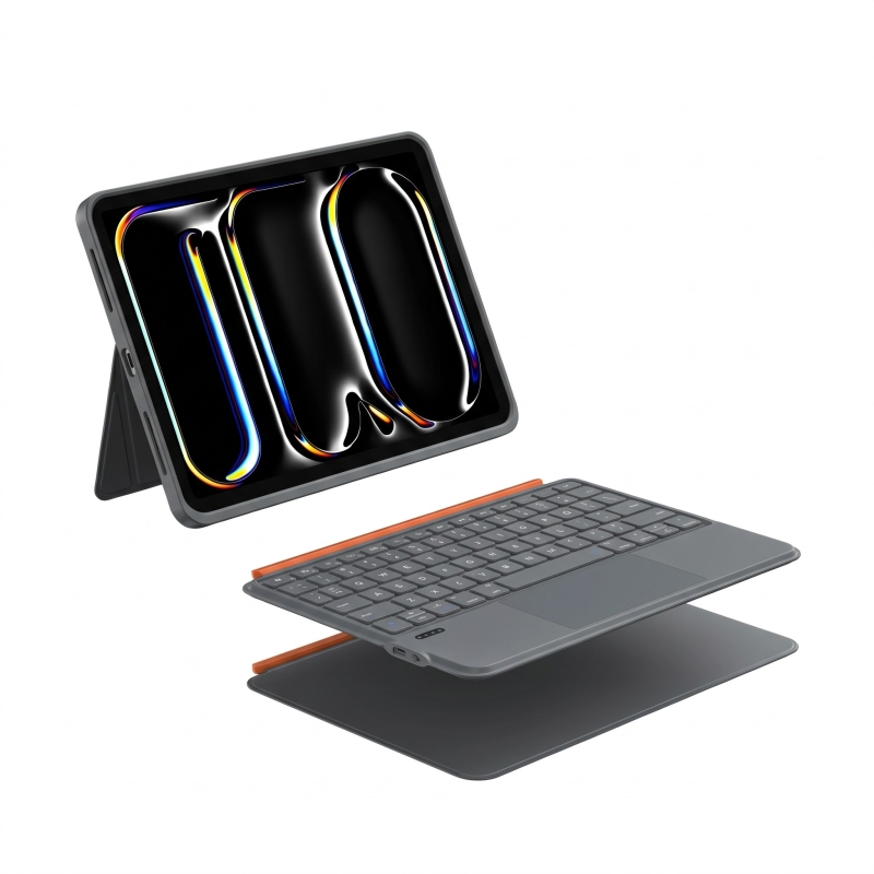 Bix IK02 Manyetik Ayrılabilir iPad için Touchpad’li Klavye Kılıfı Bluetooth 6.0 Type-C Şarjlı 7 Renk Aydınlatmalı Stant Özellikli Tablet Klavye Kılıfı Gri - 1