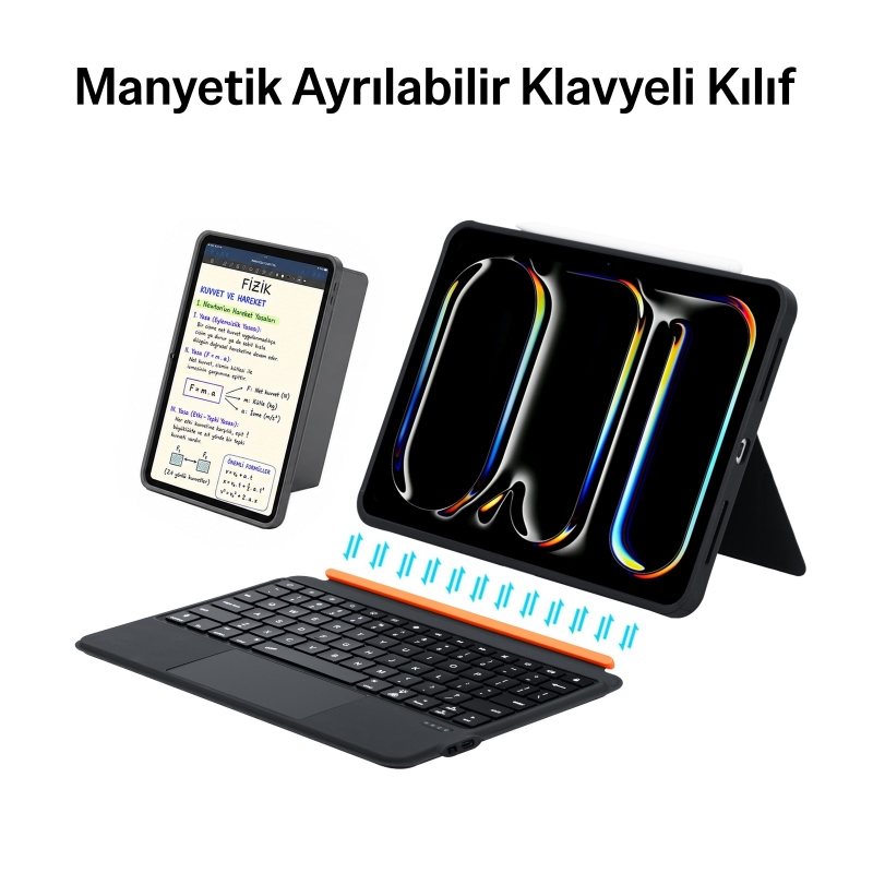Bix IK02 Manyetik Ayrılabilir iPad için Touchpad’li Klavye Kılıfı Bluetooth 6.0 Type-C Şarjlı 7 Renk Aydınlatmalı Stant Özellikli Tablet Klavye Kılıfı Mor - 4